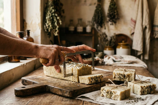 Hands cutting fresh handmade Nivam soap into bars in a small-batch Delhi studio