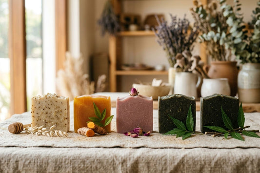 Lineup of five handcrafted Nivam soap bars for different skin types, each beside its key botanical