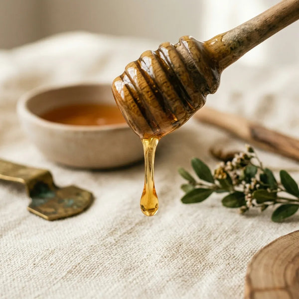 Raw honey on a wooden dipper