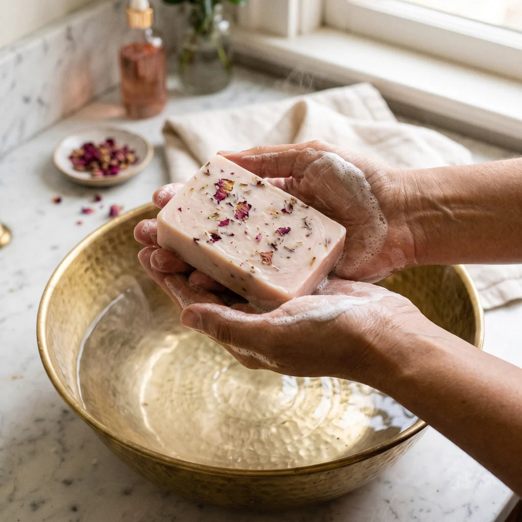 Nivam Kokum & Rose soap bar lathering in hands over a brass basin