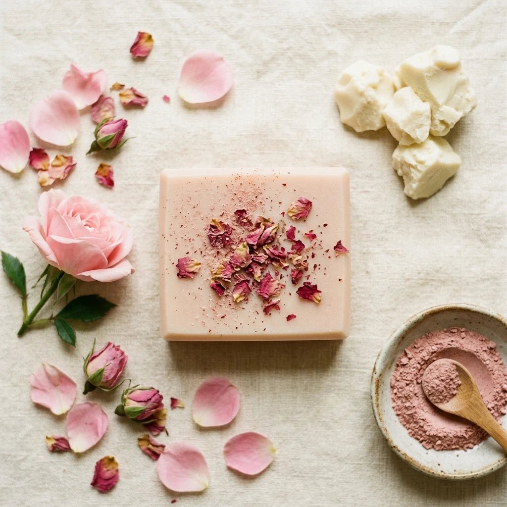 Nivam Kokum & Rose soap bar flat-lay with rose petals on linen