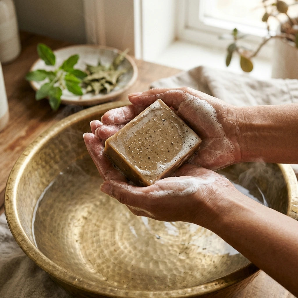 Nivam Neem & Tulsi soap bar lathering in hands over a brass basin