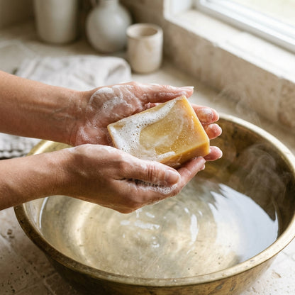 Nivam Turmeric & Coconut Milk soap bar lathering in hands over a brass basin