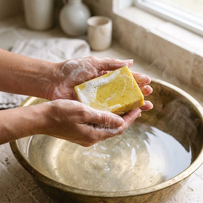 Nivam Turmeric & Coconut Milk soap bar lathering in hands over a brass basin