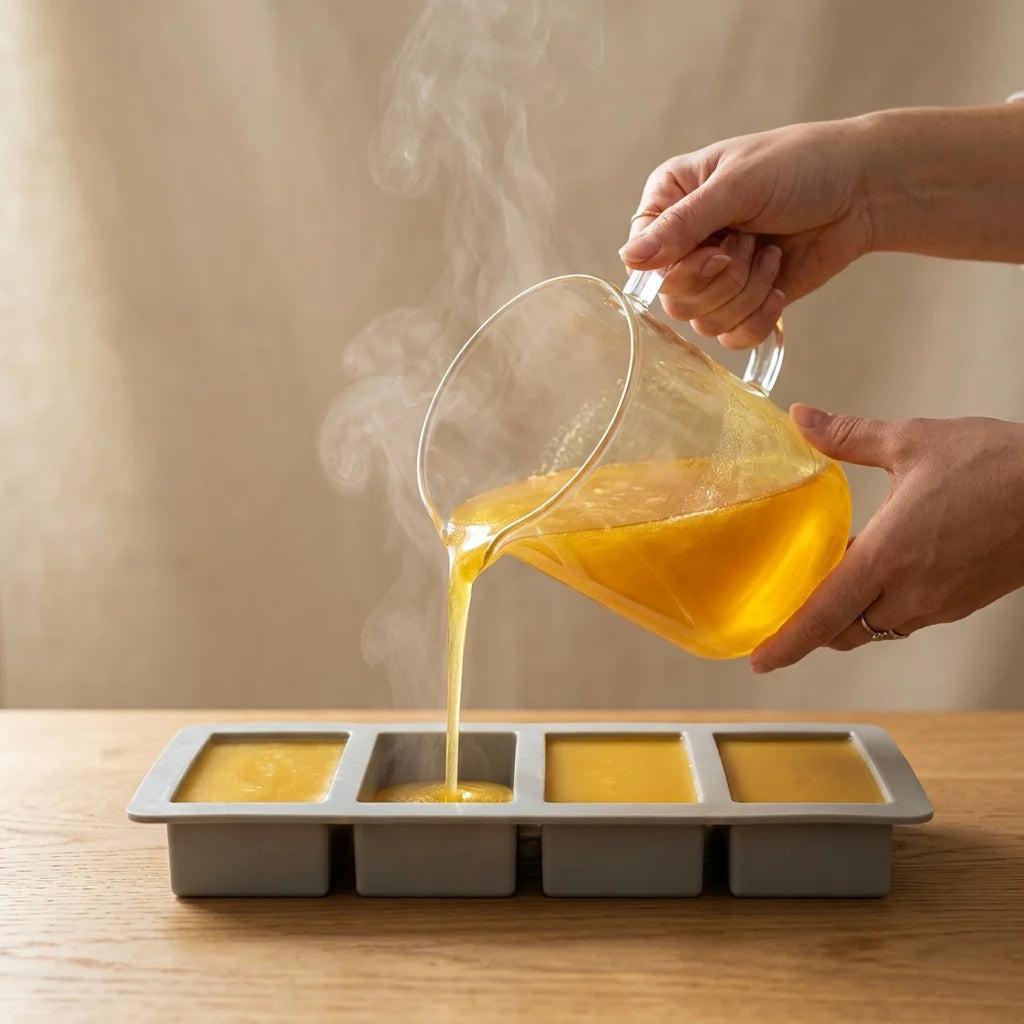 Melted soap base being poured by hand into a mould