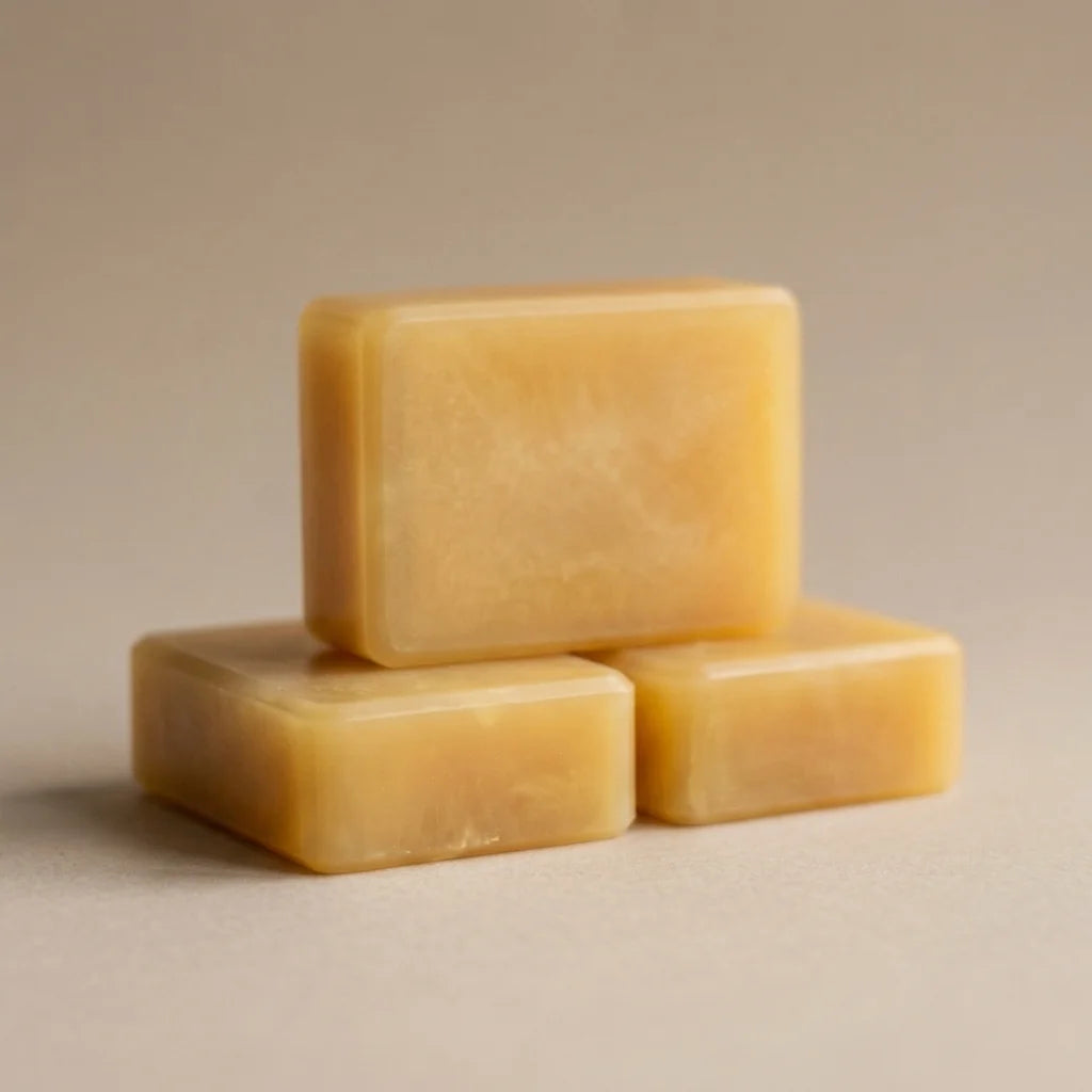 Three translucent handmade Nivam Turmeric and Coconut Milk soap bars